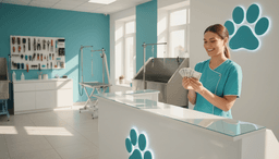 Dog groomer in a modern salon reviewing business income