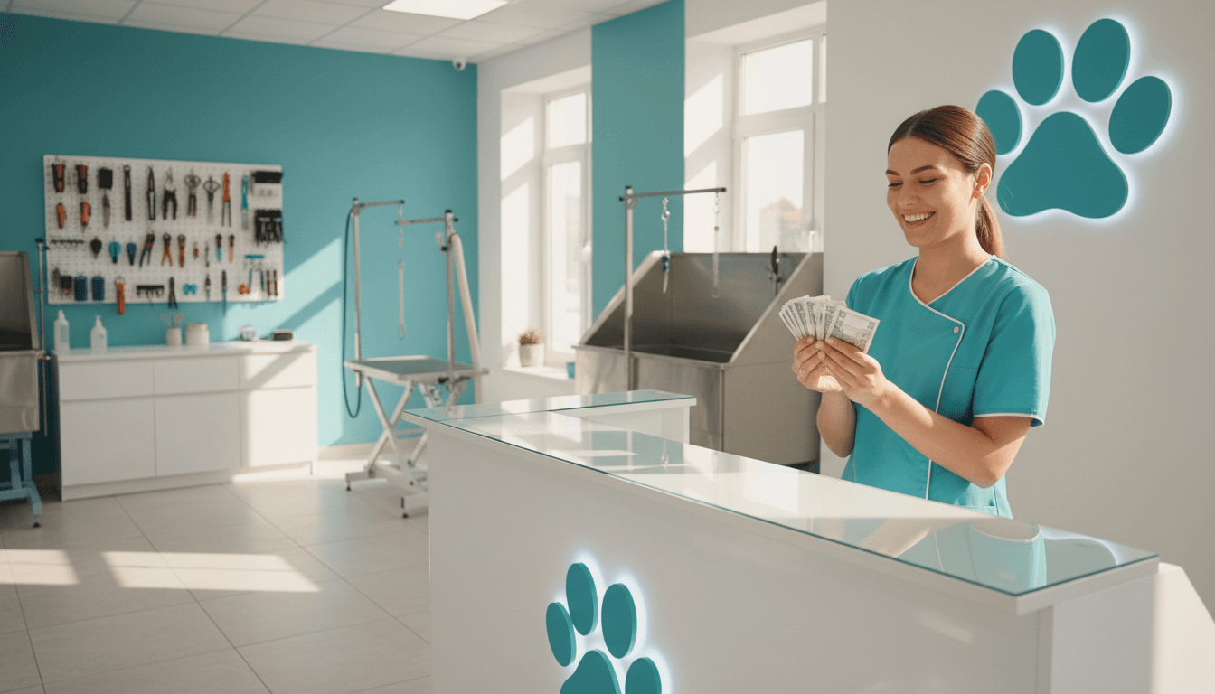 Dog groomer in a modern salon reviewing business income