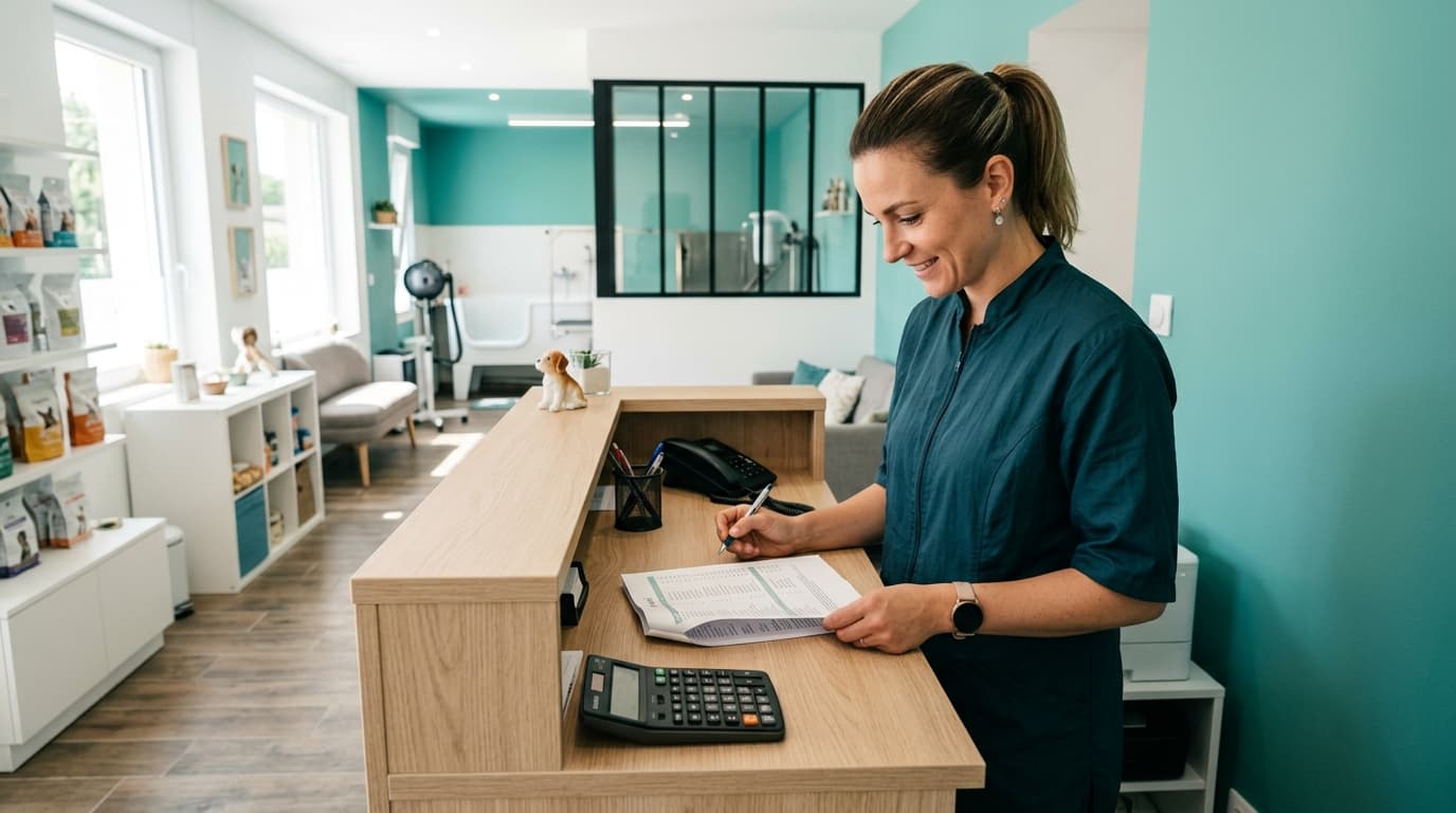 Dog groomer reviewing a pricing sheet at a grooming salon reception desk