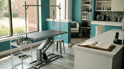 Empty dog grooming table in a bright modern salon with an open appointment book