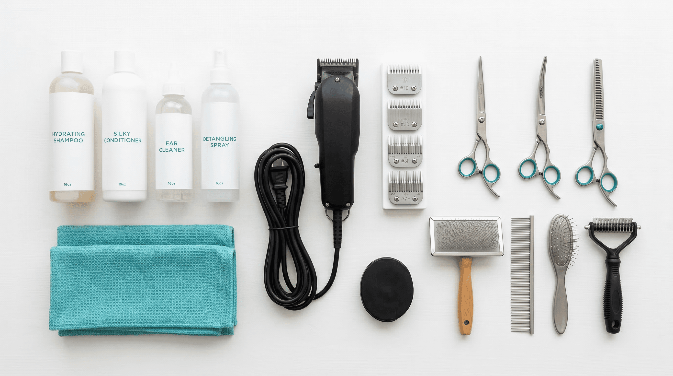 Professional dog grooming tools and equipment laid out on a clean white surface
