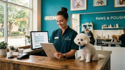 Pet groomer reviewing appointment calendar on tablet at modern salon front desk with teal accents