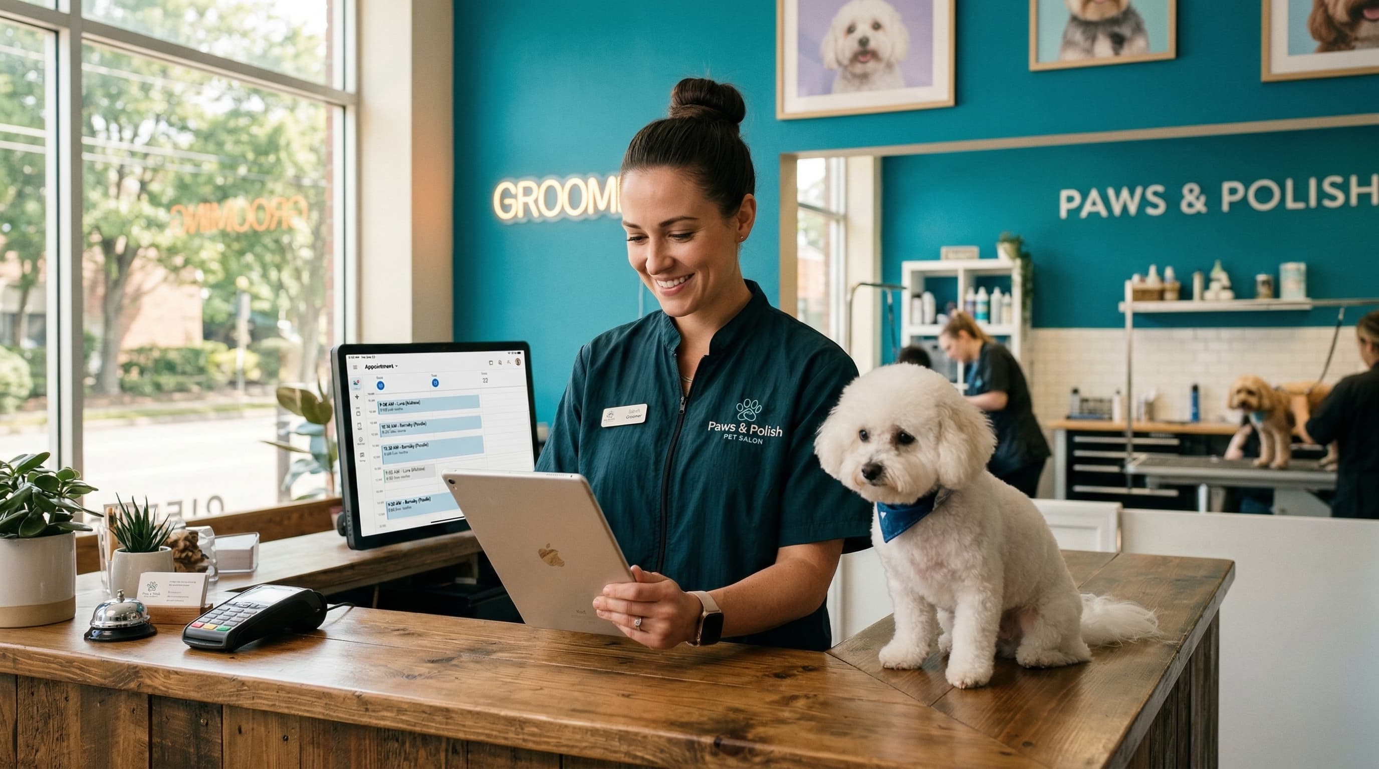 Pet groomer reviewing appointment calendar on tablet at modern salon front desk with teal accents