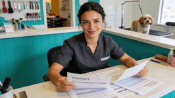 Professional dog groomer reviewing business insurance documents at a modern grooming salon reception desk