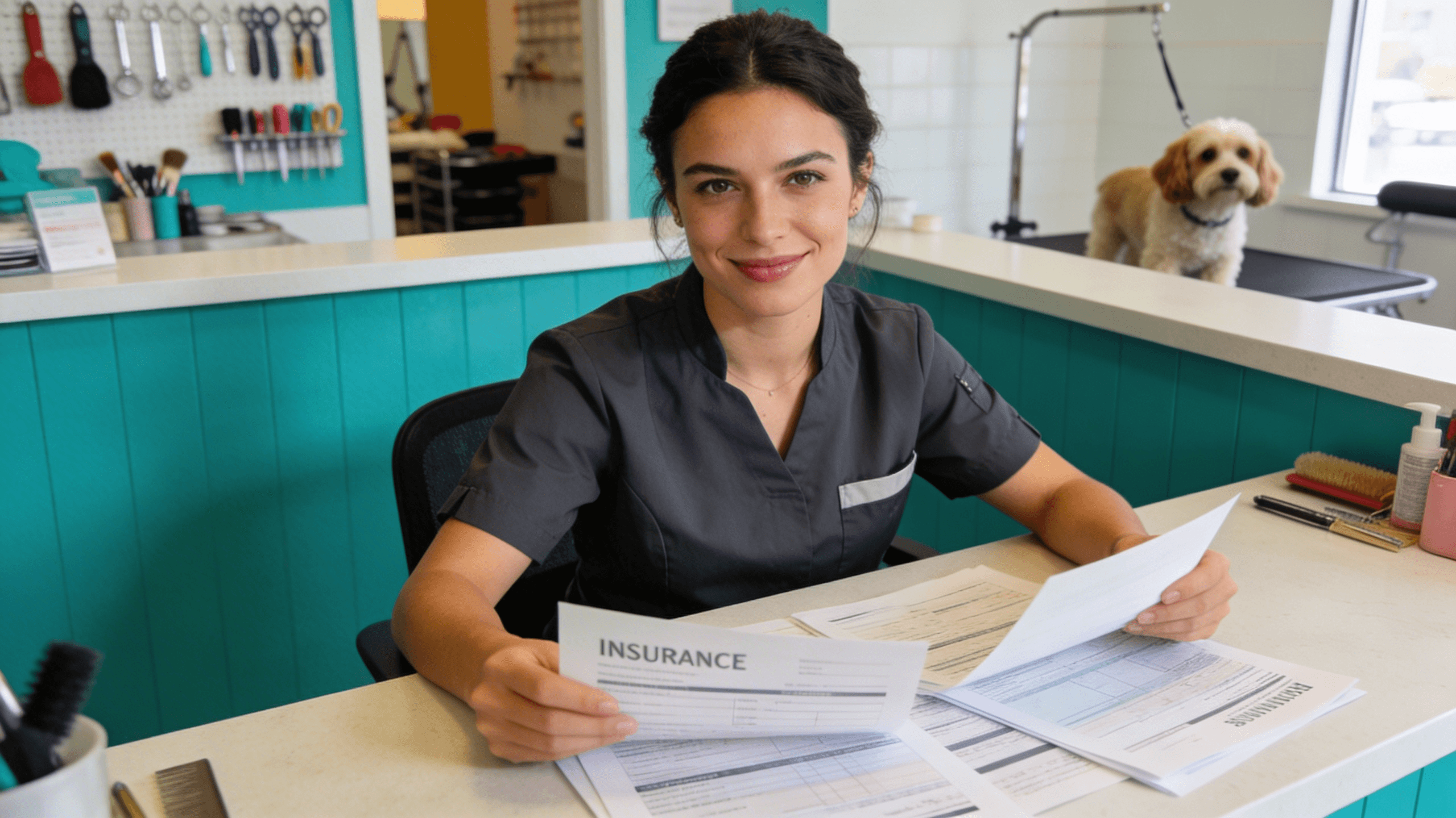 Professional dog groomer reviewing business insurance documents at a modern grooming salon reception desk