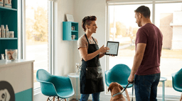 Professional dog groomer discussing pricing with a client at a modern teal-accented grooming salon reception desk