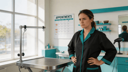Professional dog groomer looking at an empty grooming table in a modern teal-accented salon with appointment calendar in background