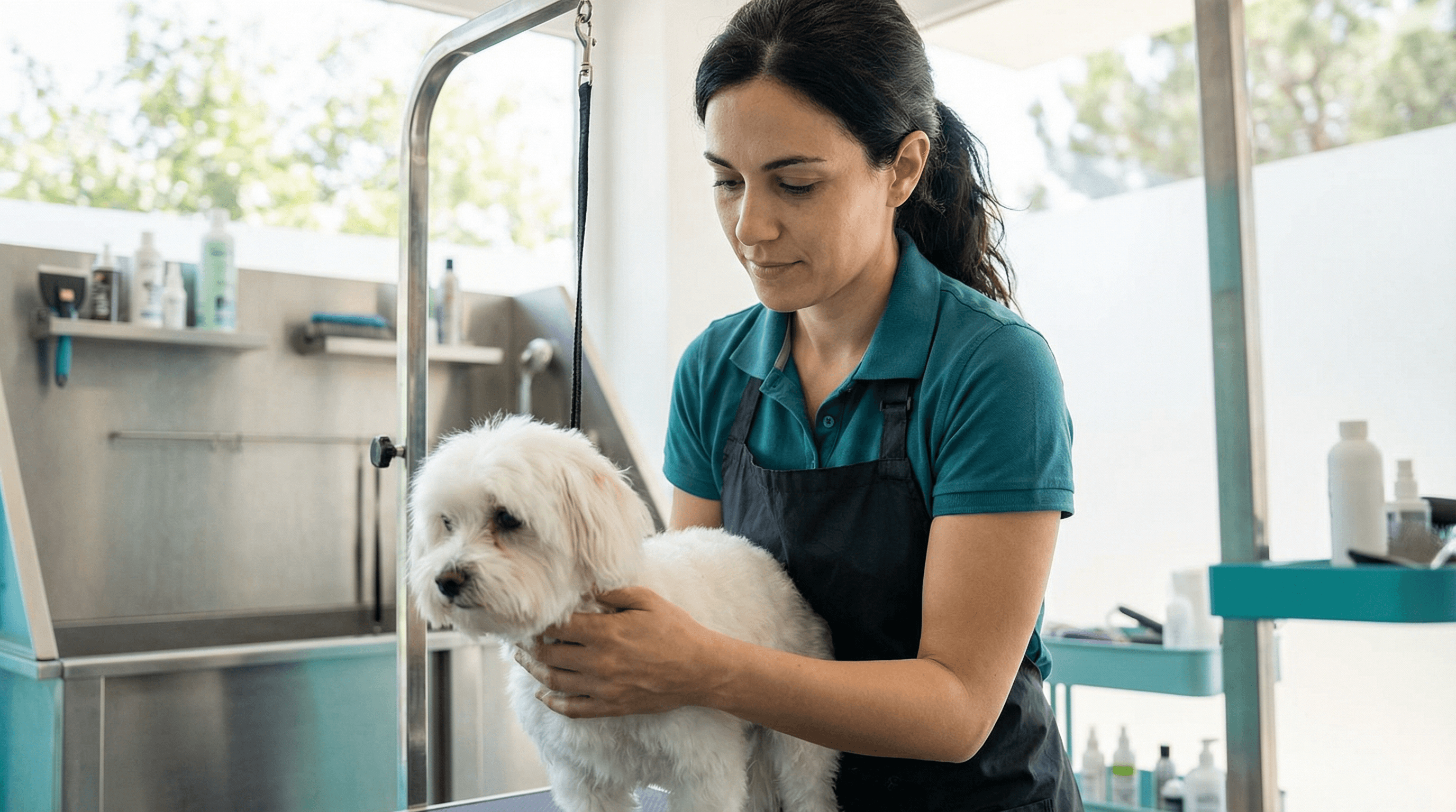 Professional female dog groomer calmly holding a small fluffy dog at a modern teal-accented grooming station