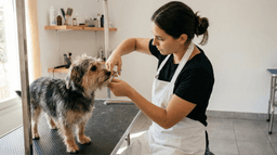Estilista canino trabajando con un perro mestizo en una estética canina en México