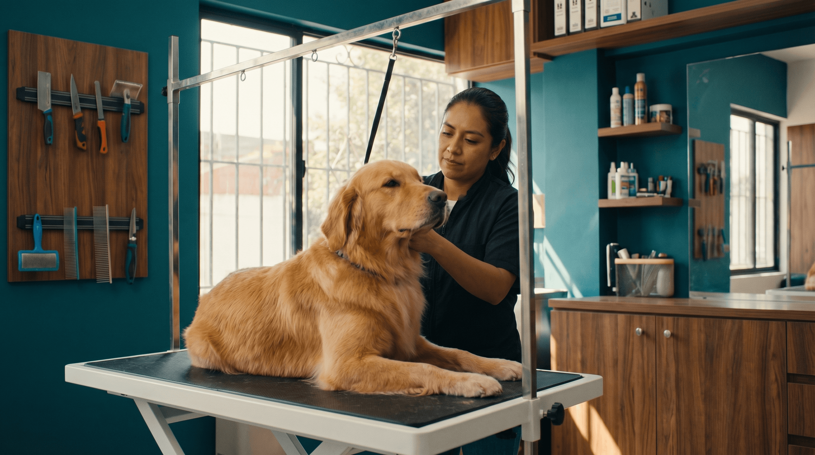 Estilista canina profesional trabajando en una estética canina moderna en México con golden retriever