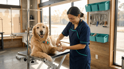 Professional groomer offering nail trim add-on service to a happy dog at a modern grooming salon