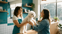 Happy dog owner receiving freshly groomed dog from smiling professional groomer at salon front desk