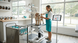 Independent groomer working confidently in a bright professional grooming salon with a full appointment schedule