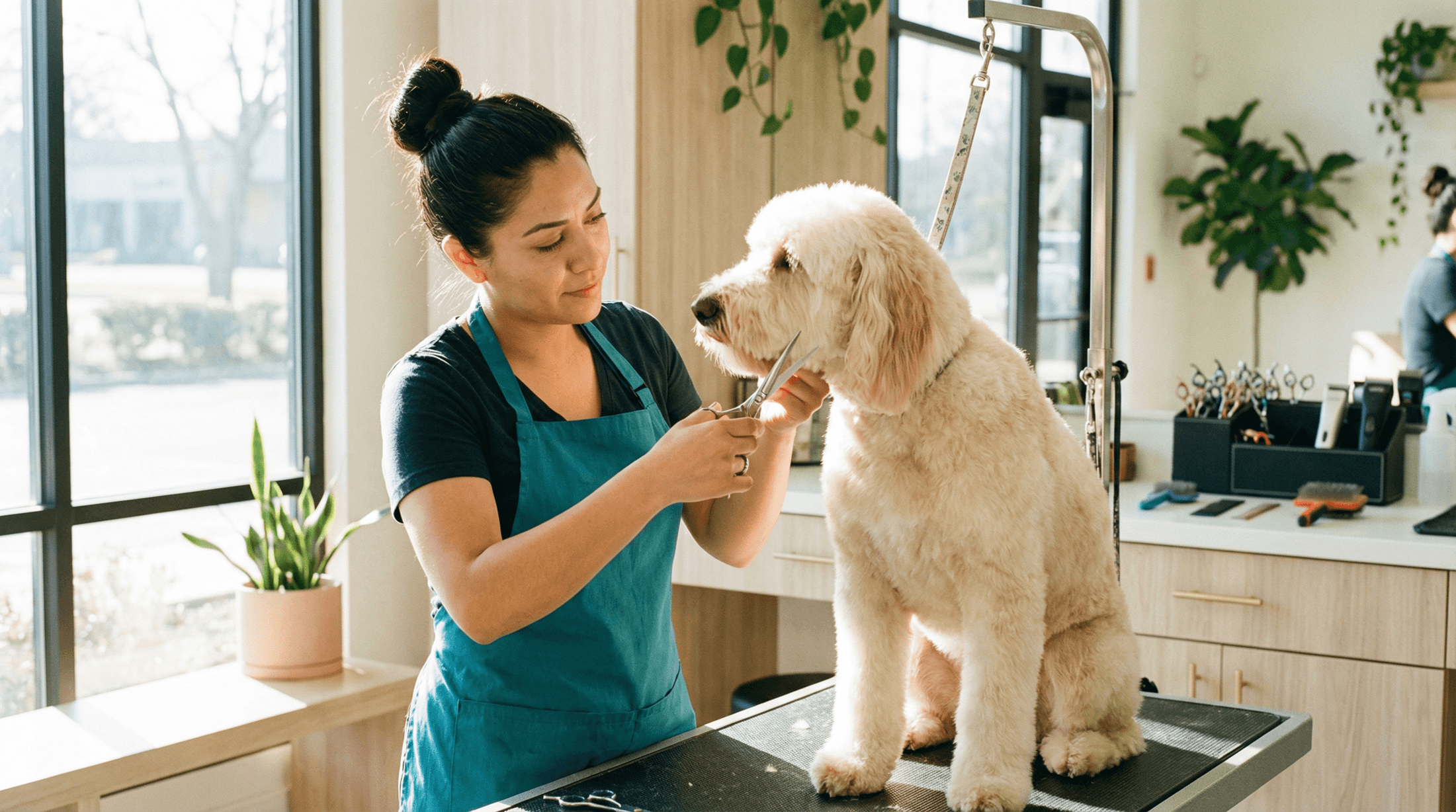 Professional dog groomer working confidently in a bright modern grooming salon with organized tools and a happy dog on the table